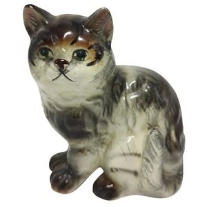 Vintage Porcelain Figurine Cat Kitten Japan‎ Crazing Gray Brown Hand Painted SEE